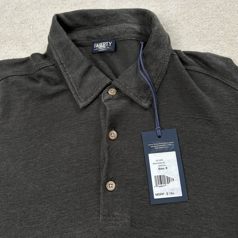 Faherty Polo Shirt Mens Medium Reserve Short Sleeve 100% Linen Washed Black $168